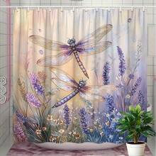 One Whimsical Shower Curtain - Featuring Dragonflies And Lavender Flowers - In Soft Pastel Shades, Creating An Ethereal Ambiance. Made Of Polyester, It Includes 10 Hooks And Measures 70.8 By 70.8 Inches, Perfect For Your Bathtub Decor. - 彩色 - 查看 3