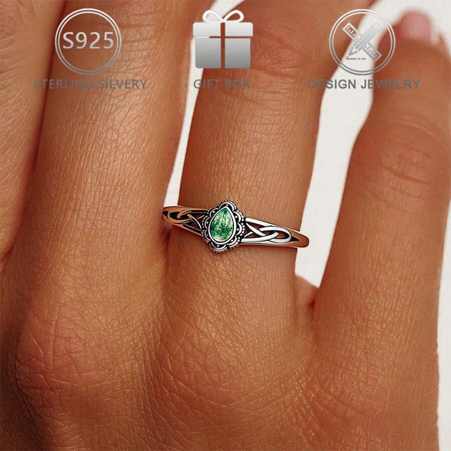 1枚925纯银天然石夏季复古波西米亚苔藓玛瑙独特镂空花卉设计戒指，适合日常、旅行、通勤佩戴，也适合节日、生日、情人节等场合作为女士礼物。 - 復古銀色 - 查看 1