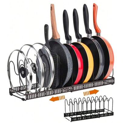 Pots And Pans Organizer Rack For Cabinet And Countertop, 10 Pot Lids, Bakeware And Cookware Holder With 10 Adjustable Compartments - Black