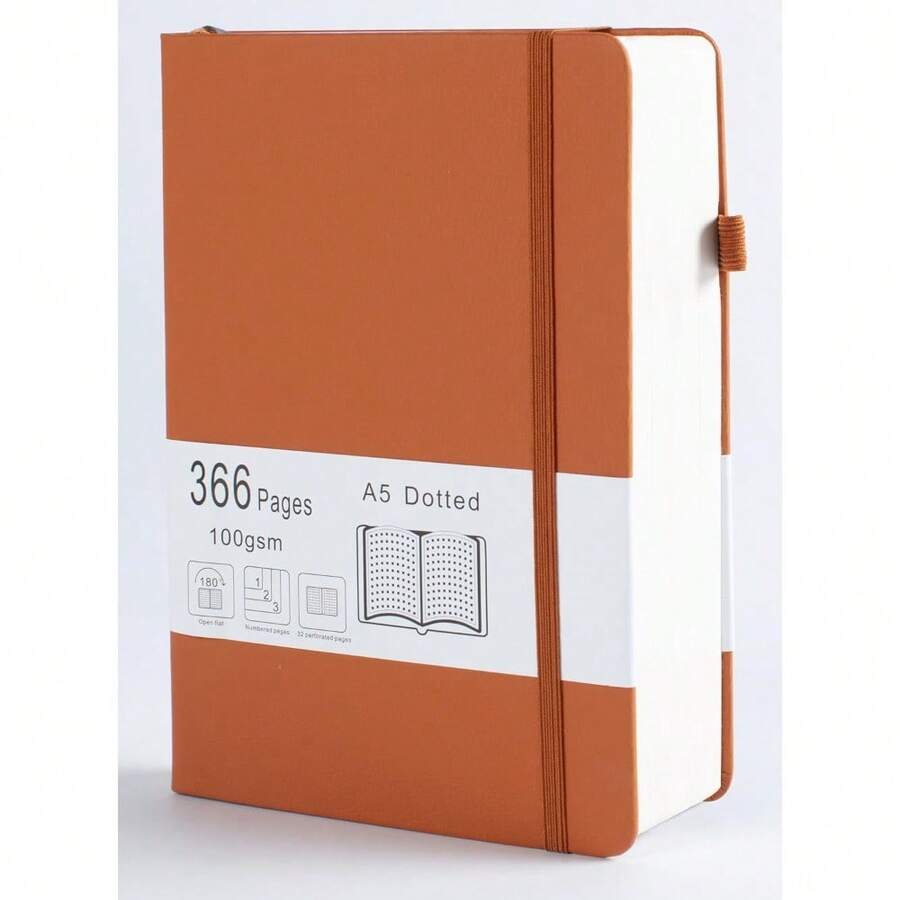 Thick Bullet Notebook With 366 Numbered Pages, A5 Dotted Journal For Writing With 100GSM Dot Grid Paper, Hardcover Leather Notebooks For Women Men School Note Taking Office Work Diary, 5.7"X8.3" Brown - 棕色 - 查看 1