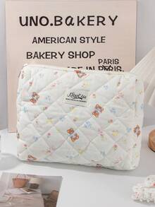 1pc Beige Floral Bow Bear Rabbit Quilted Makeup Bag, Large Capacity Portable Zipper Makeup Pouch, Suitable For Travel & Vacation, Can Store Sanitary Pads, Keys, Phones, Chargers, Lipsticks, Cosmetics, Perfumes, Makeup Brushes, Ideal Storage For Skincare & Beauty Products, Suitable For Women, Students, Girls, Also A Perfect Gift For Holidays & New Year - Beige - View 8