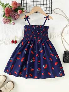 Young Girl Cherry Print Ruffle Chest Tie Strap Dress - Navy Blue - View 3