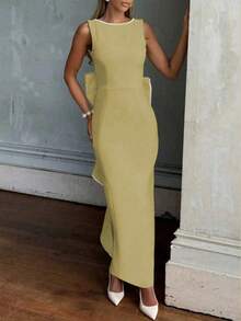 Big Bow Backless Split Thigh Dress - Yellow - View 4