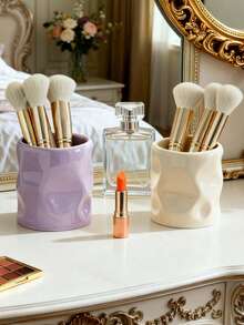 1pc Asymmetric Resin Makeup Brush Holder, Asymmetrical Vase Shape With Uneven Surface Embossing, Multifunctional Desktop Decor, Mini Vase And Storage Box, Suitable For Living Room, Bedroom And Office (White And Purple) - Multicolor - View 5