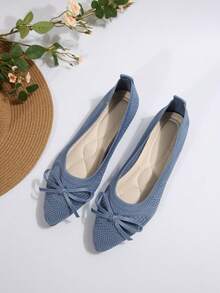 Summer Knitted Pointed Toe Flat Shoes For Women, Blue Bow Tie Breathable Slip-On Casual Loafers - Blue - View 7