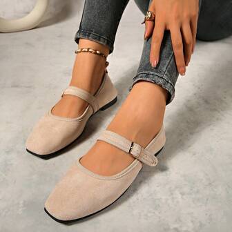 2025 Square Toe Plus Size Ballet Shoes For Women, Mary Jane Soft Bottom Fashion Strap Loafers, Suede Super Versatile Comfortable Buckle Shoes