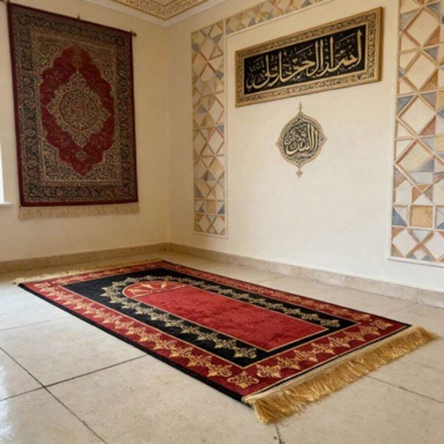 1 件地毯，两端带流苏，红色简约花卉图案，底部防滑，可机洗