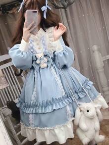 1 pieza Vestido de estilo Lolita japonés dulce y suave para niña, accesorios de disfraz adecuados para festivales, fiestas, actuaciones, todas las vacaciones (incluye vestido + lazo de oso) - Multicolor - Ver 6