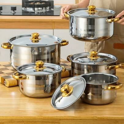 10-teiliges Edelstahl Kochtopf Set | 5 Töpfe + 5 Deckel, goldenfarbener Doppelgriff mit Deckel, tiefer Topf, 304 Edelstahl, geeignet für Suppe, Hotpot, Nudeln, Pasta, Meeresfrüchtesuppe, ideal für Zuhause und Restaurant Kochen