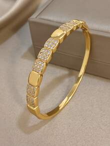 1pc Geometric Square Zirconia Bangle Bracelet For Women Elegant Golden Bangle Bracelet For Daily And Party Birthday Christmas Jewelry Gifts - Multicolor - View 4