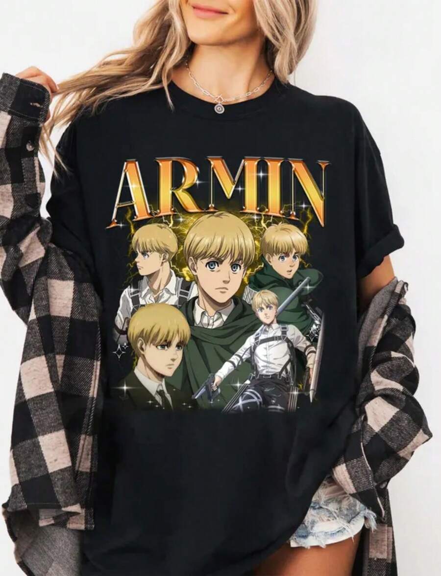 Limited Armin Arlert Shirt, On Titan Unisex T-Shirt, Anime Manga Shirt, Gift For Otaku, Unisex T-Shirt SweatShirt - 黑色 - 查看 1