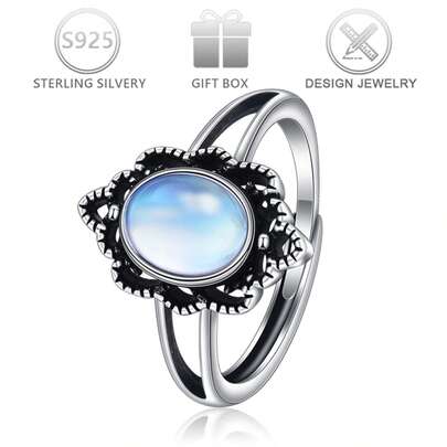 1pc 925 Silver Minimalist Vintage Faux Moonstone Unique Design Adjustable Ring, Suitable For Daily Casual, Vacation Wear, Gift For Women On Holidays And Birthdays