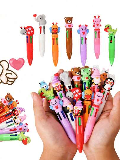 10支/套婴儿派对主题彩色圆珠笔套装，卡通风格可爱四合一圆珠笔，批量购买，可爱爱心对话主题圆珠笔，非常适合生日派对、情人节礼物、课堂奖励、学校奖品、办公用品