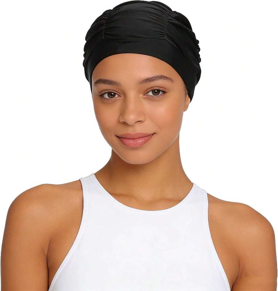 Fabric Swimming Cap For Women Pleated Swim Hat Breathable Bathing Shower Cap Solid Color Chemo Turban Hat - màu đen - Xem 1