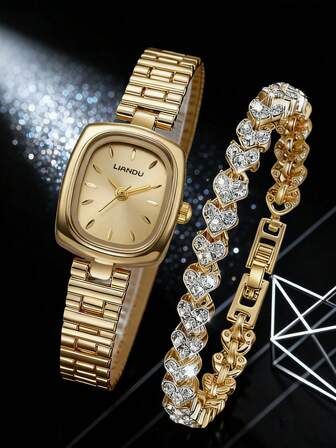 LIANDU LIANDU Minimalist Luxury Style, Vintage Yet Fashionable. Features An Oval Case With A Studded Dial And A Stainless Steel Removable Strap. This Quartz Watch Comes With A Matching Bracelet Set, Perfect For Everyday Wear And An Ideal Gift