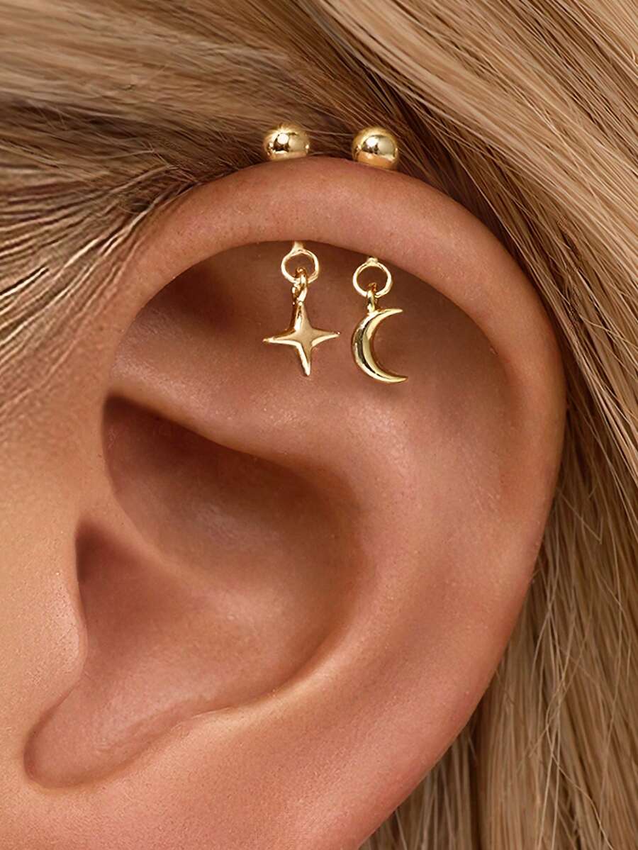 1件装 925纯银星月竖款耳钉，低过敏性金耳钉，耳骨耳廓扁平耳钉，男女日常佩戴（单件出售） - 彩色 - 查看 1