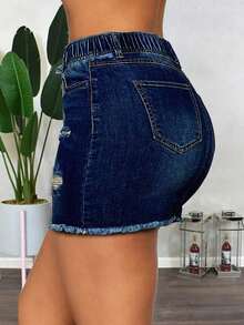 女式破洞松紧腰合身牛仔迷你裙 - 深色水洗藍 - 查看 8