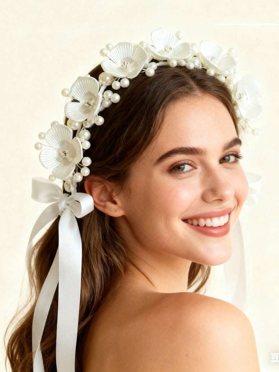 1pc Elegant Bridal Headpiece, Floral Design, Wedding Ceremony Hair Accessory - Three-petaled Wreath - View 1