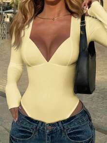 Vaiaye Women's Sexy Y2K Jumpsuit, V-Neck Long Sleeve Fitted Black Bodysuit, Suitable For Valentine's Day Wear, Spring/Summer - Yellow - View 5