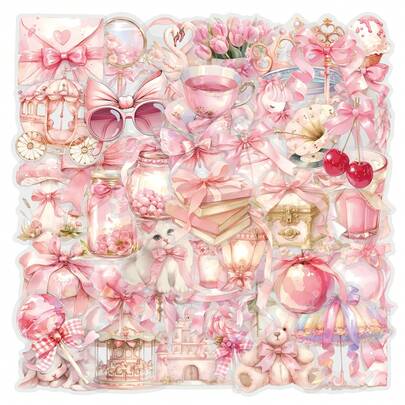 62pcs Pink Cute Transparent PET Stickers, Decorative And Practical, Can Be Used On Water Bottles, Diaries, Laptops, Luggage, Bumpers, Phones, Scrapbooks, Skateboards, Helmets, Cars And More, Cartoon Stickers And Decorative Decals To Add Fun To Your Life.