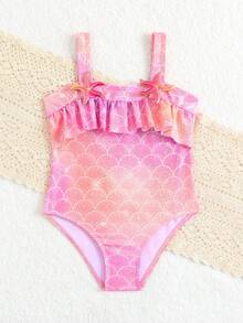 Young Girl Ruffled Fish Scale Print Shiny One-Piece Swimsuit - Multicolor - View 3