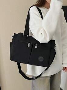 1pc Black Casual Minimalist Multi-Zipper Pocket Adjustable Shoulder Tote Bag, Large Capacity Foldable Shoulder Bag Suitable For Women's Work, Daily Life, Commuting, Social Gatherings, Outdoor Shopping, Travel, Can Be Used As Diaper Bag, Student Tutoring Bag, Mother's Day Gift, Fashion Item - Black - View 8