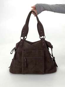 Y2K Personalized Retro Frosted Women's Tote Bag, Large Capacity Front Pocket Street Shoulder Bag, Detachable Shoulder Strap Fashionable Crossbody Bag, Very Suitable For Daily Use - Coffee - View 10