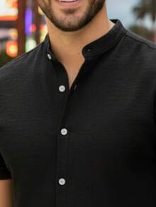 Men's Short-Sleeved Shirt With Mandarin Collar, Dressy And Basic, Premium Lightweight Soft Fabric, Ideal For Parties And Work - On - 黑色 - 查看 2