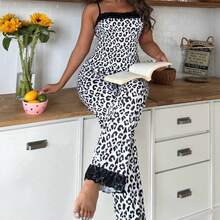 Black & White Leopard Lace Camisole Pajama Set, Sexy Spaghetti Strap Loungewear With Loose Pants, 2pcs - Black and White - View 3