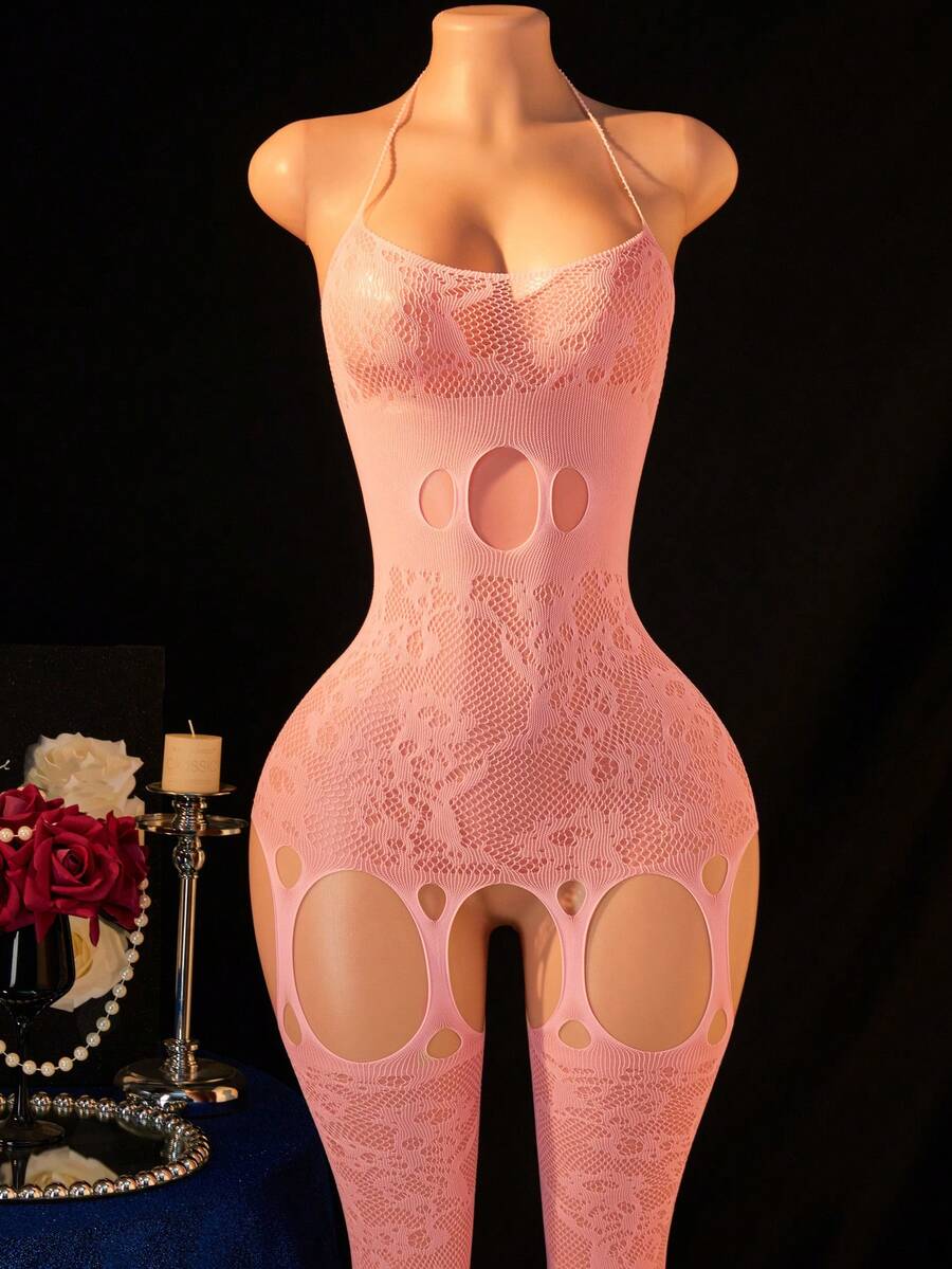 1 pieza Lencería sexy para mujer Bodystocking de malla de red, Medias de encaje - Rosa - Ver 1