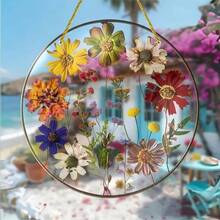 2D亚克力旭日吊坠 - 精美压花挂饰，适合室内外家居装饰，独特生日礼物，艺术墙面及门廊装饰，四季皆宜，花园系列，无需用电 - 彩色 - 查看 1