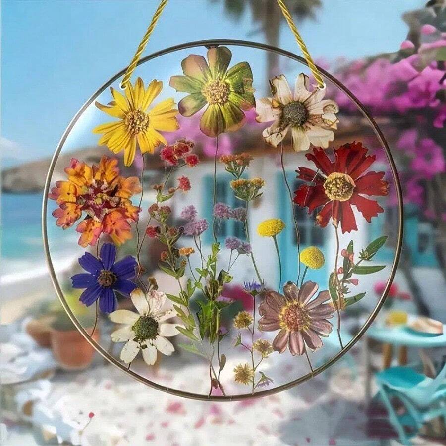 2D亚克力旭日吊坠 - 精美压花挂饰，适合室内外家居装饰，独特生日礼物，艺术墙面及门廊装饰，四季皆宜，花园系列，无需用电 - 彩色 - 查看 1