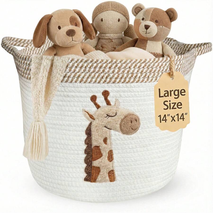Giraffe Storage Basket For Nursery, Large Blanket Baskets For Living Room Decor For Kids, Cotton Rope Bin With Soft Felt Animal Patch, Toys Organizer Clothes Hamper With Embroidery Decor For Laundry - 米色 - 查看 1