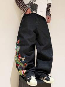 1pc Men's Loose Fit Embroidered Casual Wide Leg Pants, Comfortable Street Style Jeans, Versatile All Season - Black - View 3