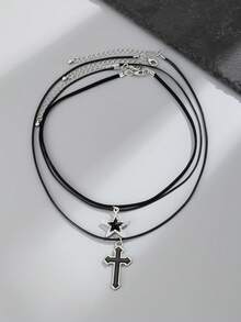 3件套哥特式几何蜡线十字架及水钻五角星吊坠项链，朋克嘻哈风，适合度假、派对、休闲、街头、婚礼、摇滚、情侣、节日、生日等场合，百搭礼物 - 項鍊 - 查看 6