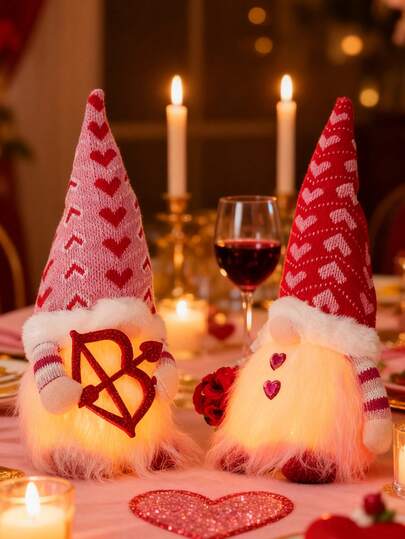 2pcs-Valentine's Day Lighted Gnome Decoration, Luminous Faceless Gnome With Heart & Cupid Arrow, Red And Pink Valentine Couple Gnomes Decorations For Home, Indoor, Office Romantic Anniversary Vday Gift Romantic Tabletop Decor, Valentine Gift For Couples, Home & Party Decoration