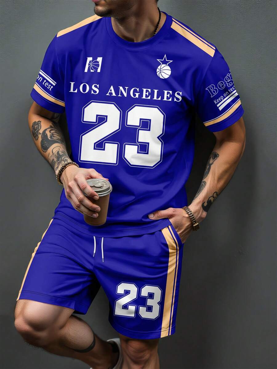 Men's Number 23 Print Short Sleeve T-Shirt And Shorts Set, Fashionable For Summer Sports - Blue - View 1