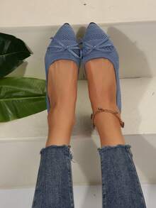 Summer Knitted Pointed Toe Flat Shoes For Women, Blue Bow Tie Breathable Slip-On Casual Loafers - Blue - View 3
