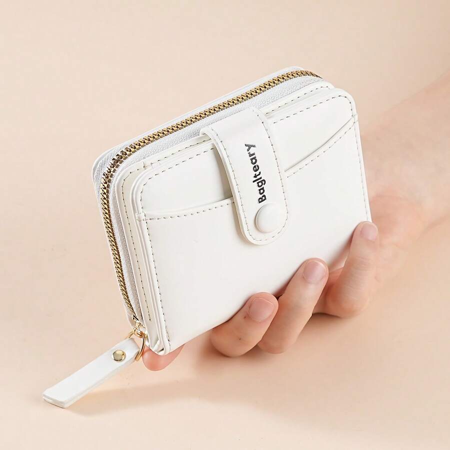 Nueva billetera minimalista de unicolor para mujer, estilo coreano con cierre a presión, monedero multifunción de moda de alta gama, billetera de dinero, billetera mini, monedero, billetera pequeña, billetera linda, esencial de viaje, portabadges, portador de tarjeta de identificación - Blanco - Ver 1