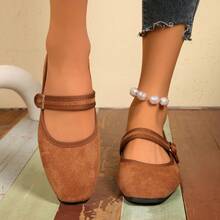 2025 Square Toe Plus Size Ballet Shoes For Women, Mary Jane Soft Bottom Fashion Strap Loafers, Suede Super Versatile Comfortable Buckle Shoes - Brown - View 6