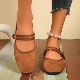 2025款方头加大码芭蕾舞鞋，玛丽珍软底时尚单带乐福鞋，麂皮超百搭舒适搭扣鞋