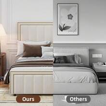 Queen Size Bed Frame With 50" Tall Headboard And Footboard, Chenille Upholstered Platform Bed, Vertical Channel Tufting With Nailhead Trim, Bedroom Deccor, Bedroom Furniture, Room Deocr, No Box Spring Needed, Easy Assembly, Full/ Queen/ King, Beige/ Black - 米色 - 查看 4