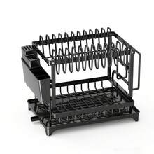 [Kitchen Storage Rack] Large-Capacity Double-Layer Carbon Kitchen Storage Rack With Drainage, Lockable Metal Tableware Stand For Bowls, Cups, Cutting Boards - No Assembly Required, Kitchen Organizers And Storage - Double-layer Black Dish Rack With Knife Holder and Cup Holder - View 3