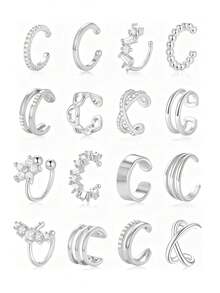 16件套女士耳夹耳环，无需耳洞，镀金镀银，夹式耳骨耳环，镶嵌锆石心形花朵，耳饰套装，轻巧可调节 - 多款式 - 查看 10