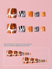 24片短方形豹纹法式压花美甲贴纸，饰以斑马纹、光环圆圈和橙色腮红设计，印象派风格，完美贴合，包含1片果冻胶和1个指甲锉，适合女性和女孩日常佩戴以及各种派对场合。 - 彩色 - 查看 4