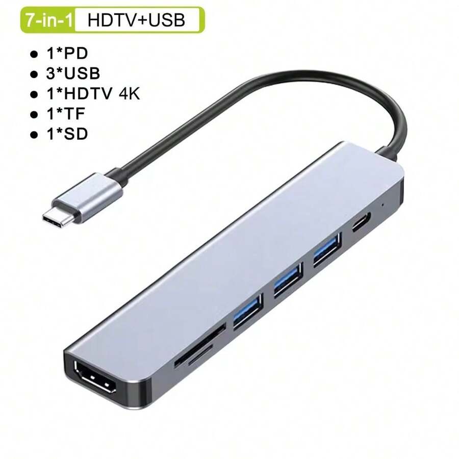 Coolcirc 7合1 C型USB集线器，兼容高清电视，USB 3.0/2.0适配器，SD/TF读卡器，4K 30Hz USB分配器，适用于电脑、平板电脑 - 銀灰色 - 查看 1