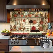 1pc, 2D Flat Design Kitchen Filled With Kitchenware And Greenery, Creating A Warm And Homey Atmosphere In A Realistic Style. This PVC Kitchen Wall Sticker Is Easy To Apply, And Made Of High-Quality Materials. Perfect For Home Decor And Modern Kitchens