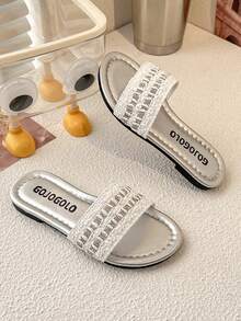 1 Pair Girls' Woven Rhinestone PU Leather Non-Slip Open Toe Flat Sandals, Suitable For Birthday Parties, Children's Dances, And Weekend Family Outings - White - View 7