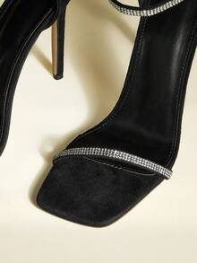 Women's Square Toe Rhinestone Embellished Ankle Strap High Heel Sandals, Sexy & Fashionable For Party Wear - Black - View 5