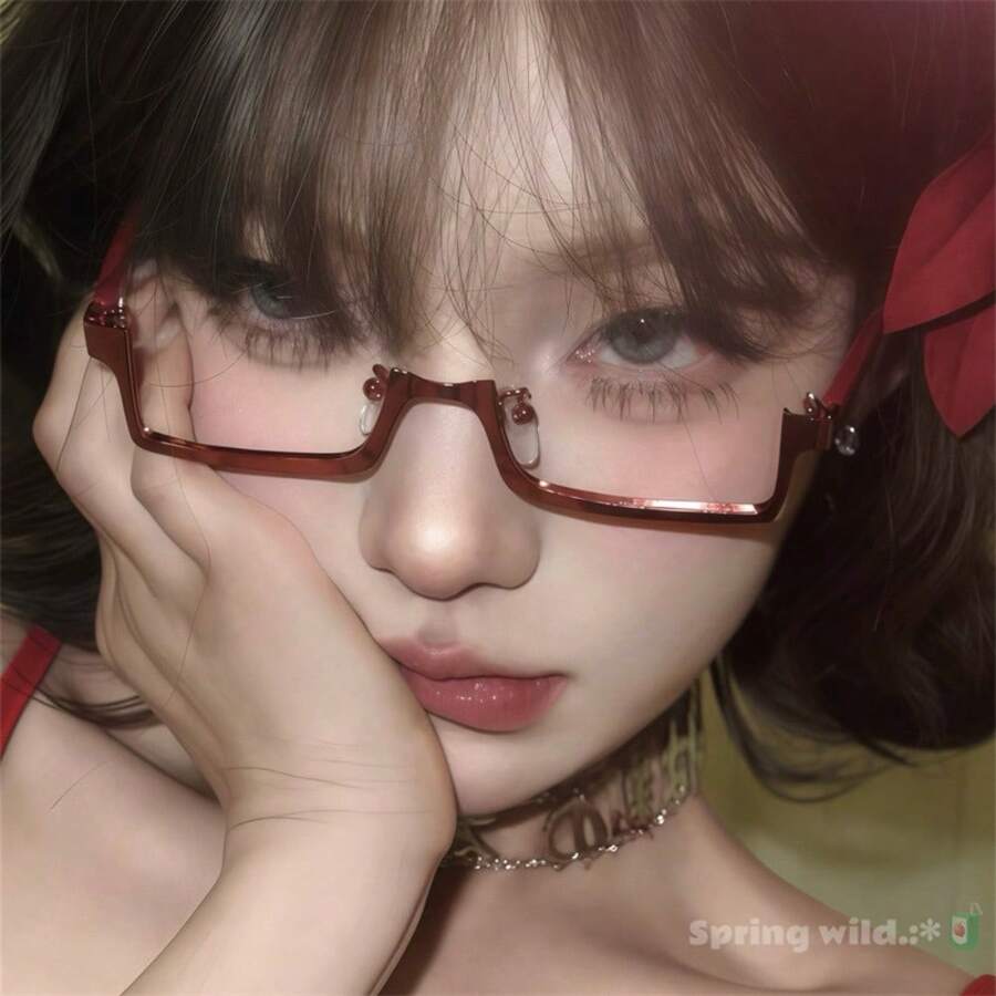 Pure And Alluring Red Semi-Rimless Glasses Frame, Y2K Style, High-End, Sophisticated, Anime-Inspired, Lensless Frame For Eye Decoration. - 粉色 - 查看 1